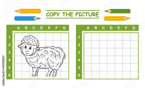 Copy picture cute sheep in cells education children game. Drawing and color funny lamb. Kid coloring book page. Baby ewe farm animal template. Hand draw on grid preschool paint exercise outline vector