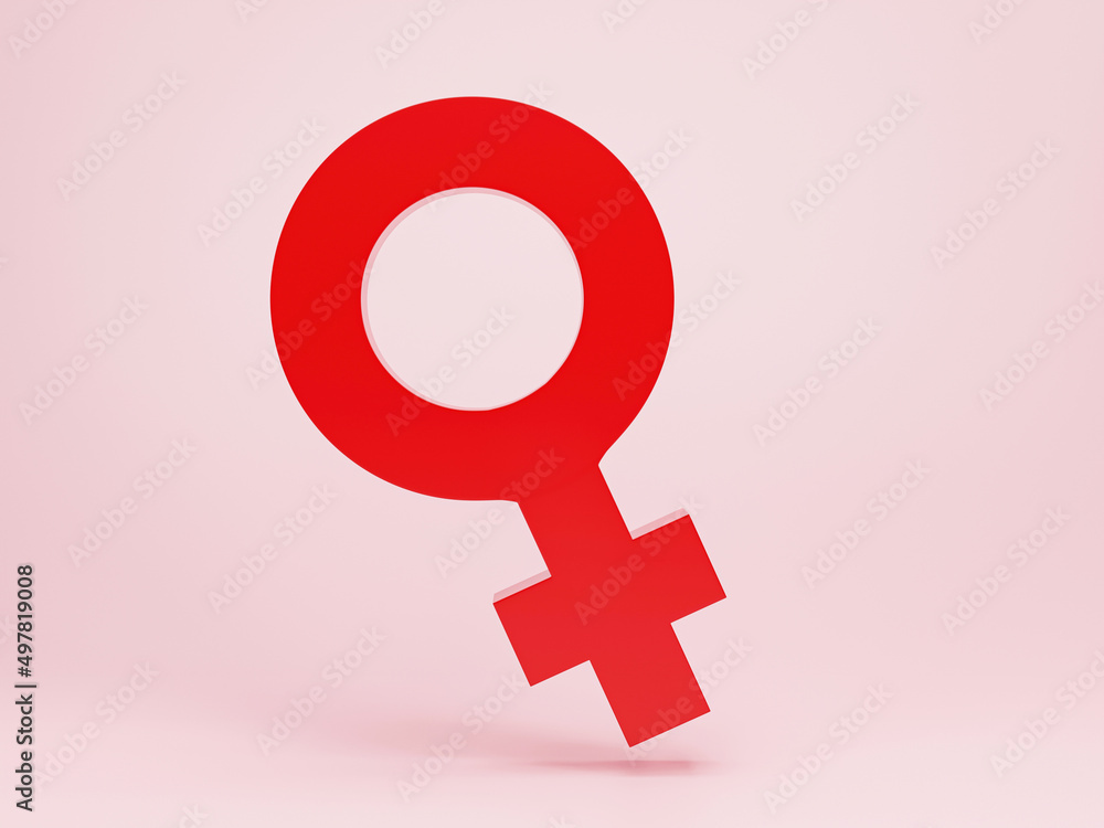 Fototapeta premium 3d rendering, 3d illustration. Red female gender sign, woman sex symbol on pink pastel background. Modern minimal design element concept.