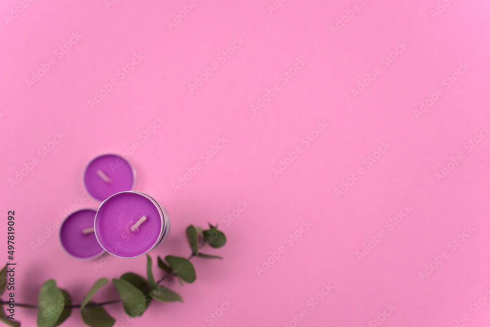 Magenta tea lights with eucalyptus leaf stem flat lay on pink pastel. Shallow depth of field shot with space. Magenta tea lights with eucalyptus leaf stem flat lay on pink pastel. Shallow depth of field shot with space.