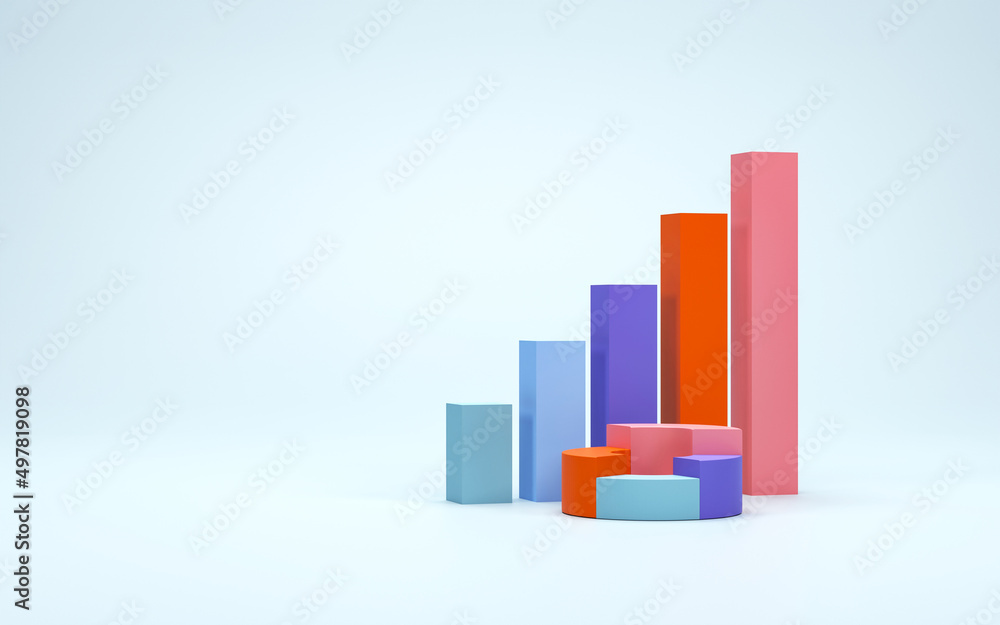 3D rendering, 3D illustration. bar graph, pie chart and isolated on white background. Ascending graph for progress growth. concept of business finance, investment economy, statistics. 3D rendering, 3D illustration. bar graph, pie chart and isolated on white background. Ascending graph for progress growth. concept of business finance, investment economy, statistics.