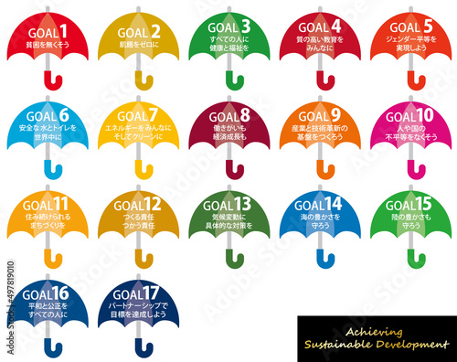 SDGs17の目標の傘のアイコンセット（日本語）