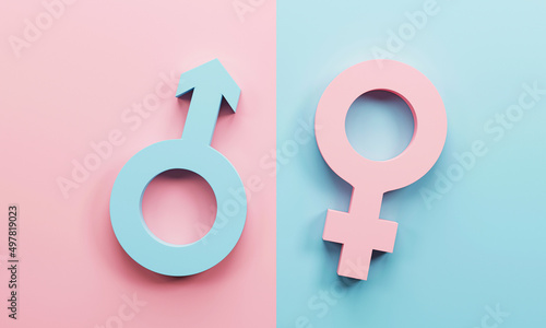 3d rendering, 3d illustration. Male and Female sexual symbols on pink background. Linked heterosexual couple gender symbol. Modern minimal concept.