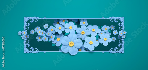 Beautiful floral cartoon greeting card design. Summer, forget-me-nots, vintage cutout frame on dark green background. Three-dimensional pattern of blue flowers. Realistic 3d illustration
