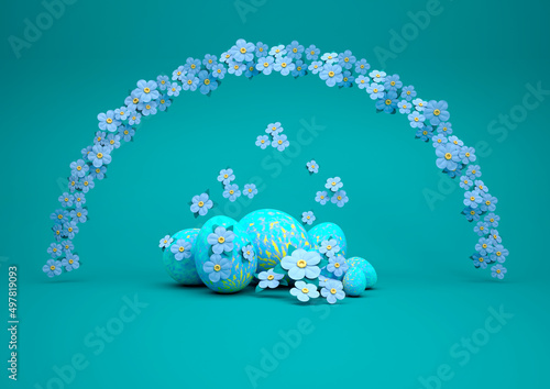 Easter greeting card with Easter eggs and a rainbow of spring flowers on a green background. Congratulations in cartoon style. Realistic 3d illustration