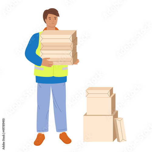 Volunteers with donations volunteering concept. Man handing box with food and clothes, charity young student, altruistic activity. Helping poor refugees Ukraine. Philanthropy, kindness outline vector