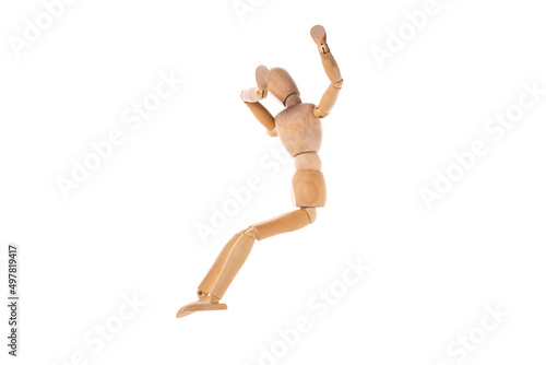 a wooden man sits with his hands up to his face isolated on a white background