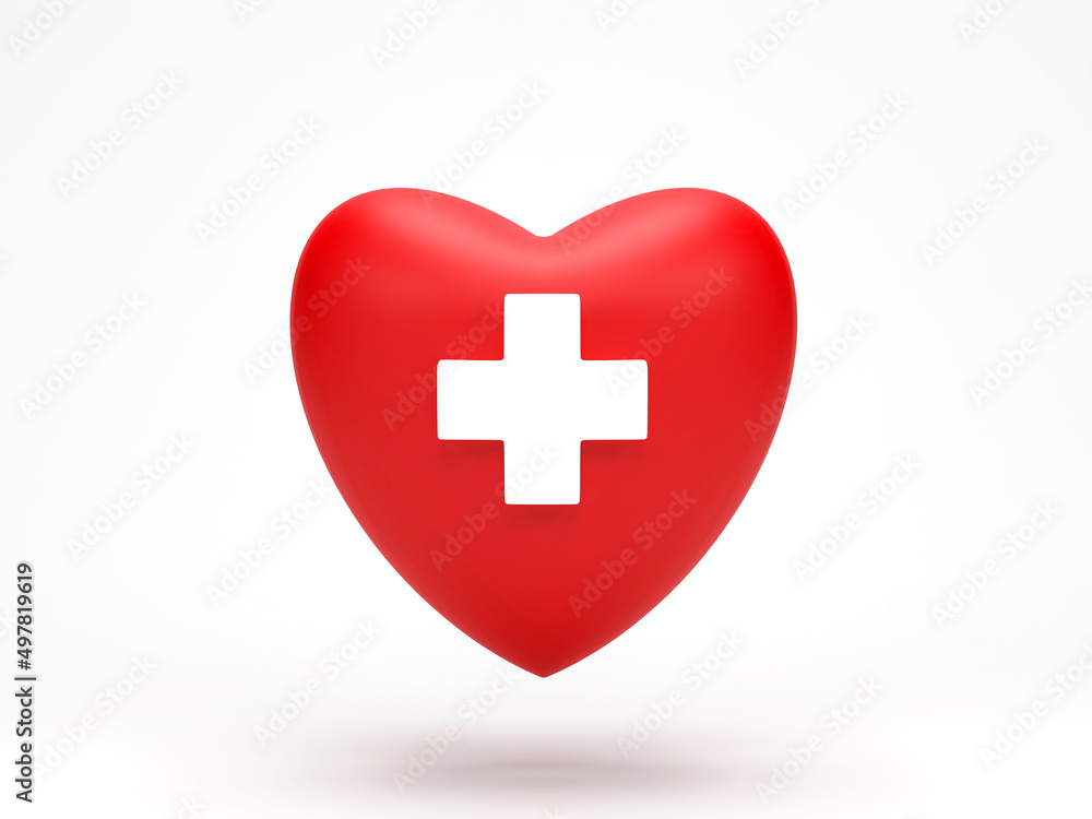 3D rendering, 3D illustration. Red heart with healthy status icon isolated on white background 3D rendering, 3D illustration. Red heart with healthy status icon isolated on white background