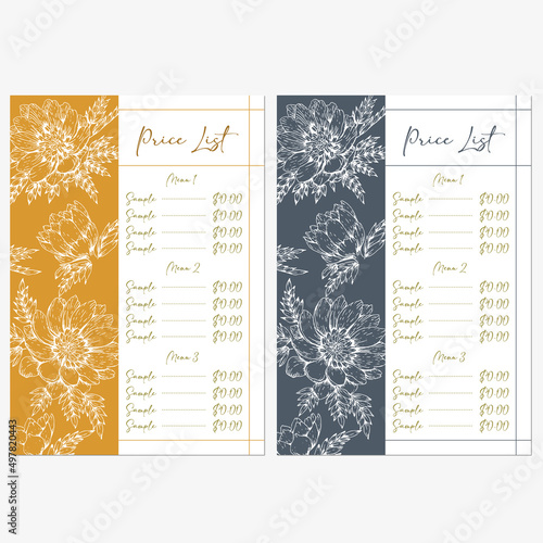 set of price list template designs with hand drawn illustration of spring flowers