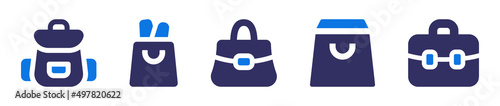 Bag icon collection. Backpack, grocery bag, handbag, shopping bag and suitcase icon.