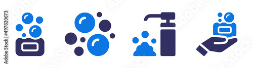 Soap icon set isolated on white background. Containing bubble, foam and dispenser icon.