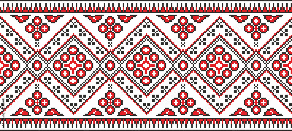 Vector colored seamless Ukrainian national ornament, embroidery. Endless ethnic floral border, Slavic peoples frame. Red cross stitch.
