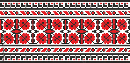 Vector colored seamless Ukrainian national ornament, embroidery. Endless ethnic floral border, Slavic peoples frame. Red cross stitch.
