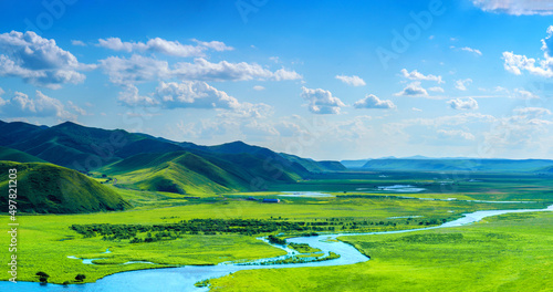 Fototapeta Naklejka Na Ścianę i Meble -  Plain, grasslands, river and mountain