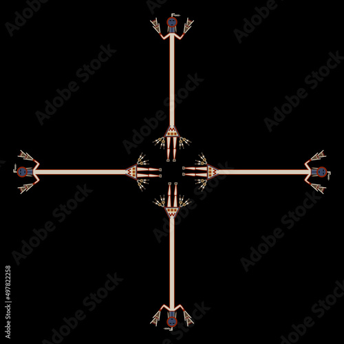 Square cross design with four stylized human figures. Native American art. Navajo sand painting. Indigenous spirit or goddess. On black background.