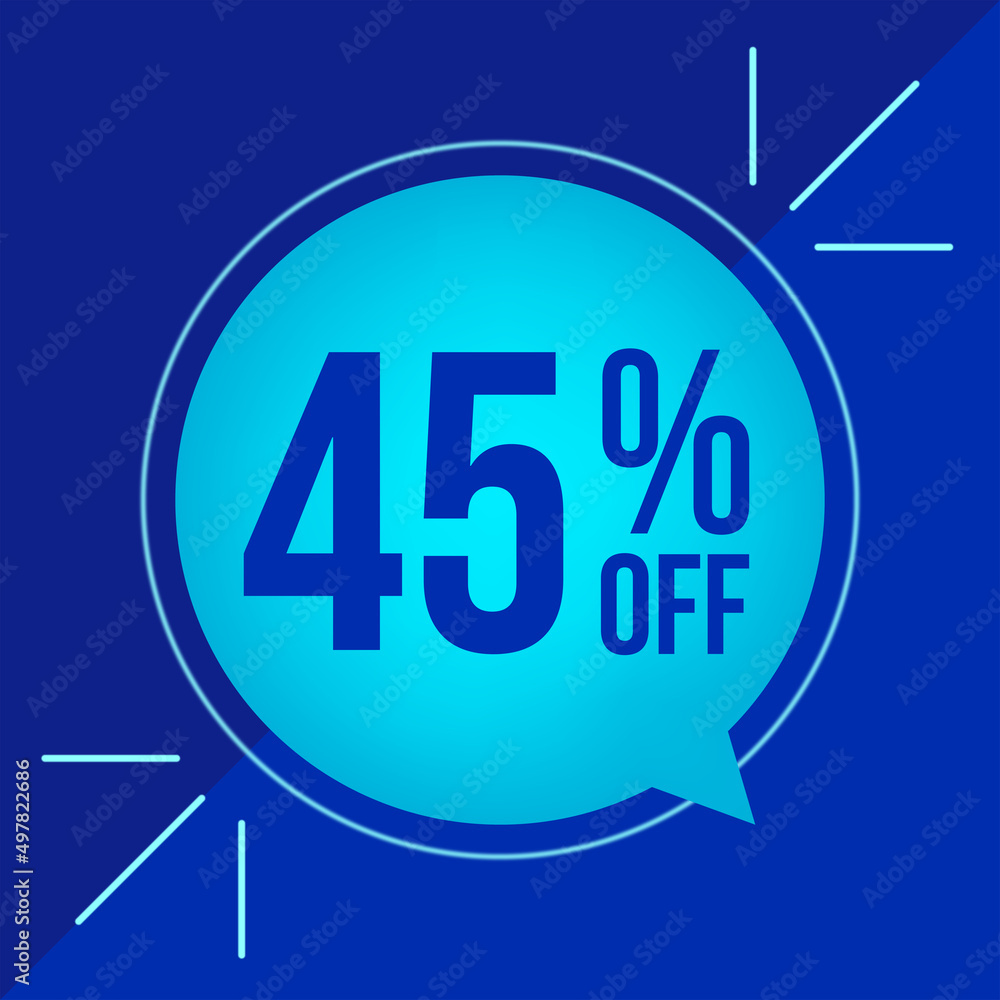 45% off, discount for big sales. Cyan balloon on blue background. 45% off, discount for big sales. Cyan balloon on blue background.