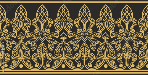 Vector golden seamless oriental national ornament. Endless ethnic floral border, arab peoples frame. Persian painting.