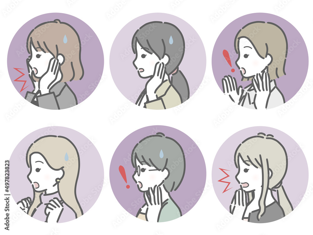 驚く若い女性の横向き丸アイコンセット(仕事向きの服装) 驚く若い女性の横向き丸アイコンセット(仕事向きの服装)