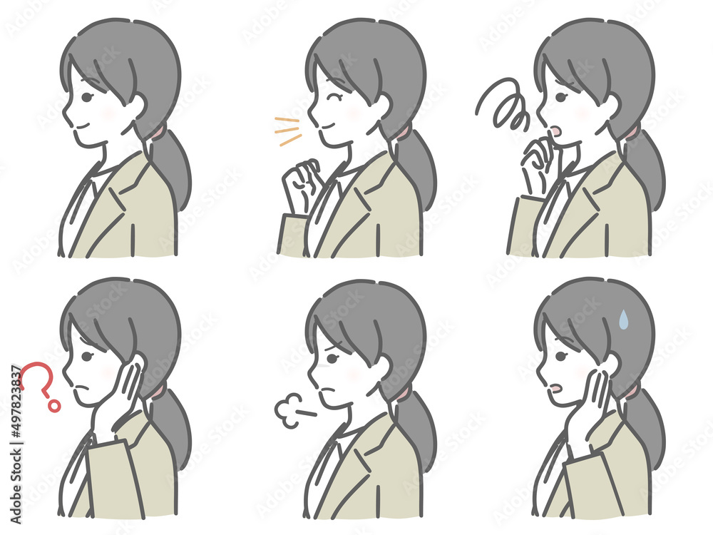 スーツの若い女性の横向き表情セット