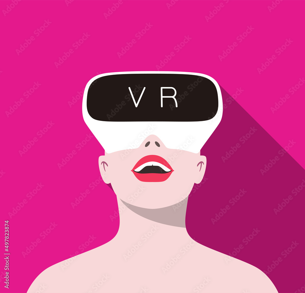 Beauty girl wearing Virtual reality glasses. front view, playing games, looking up, vector illustration