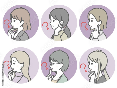疑問に思う若い女性の横向き丸アイコンセット（仕事向きの服装）
