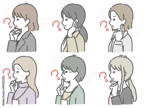 疑問に思う若い女性の横向き上半身セット（仕事向きの服装）