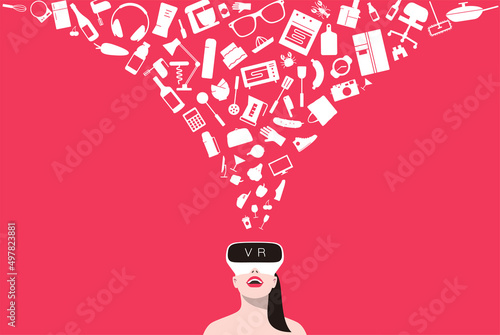 Beauty girl wearing Virtual reality glasses. shopping online, vector illustration