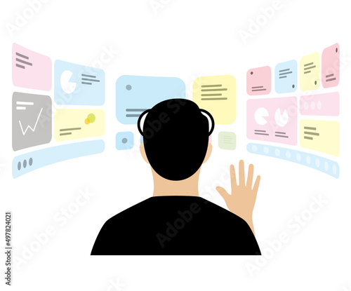 Man wearing VR glasses, hands up, touching the screen, doing data analysis, back view