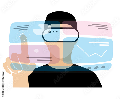 Man wearing VR glasses, hands up, touching the screen, doing data analysis