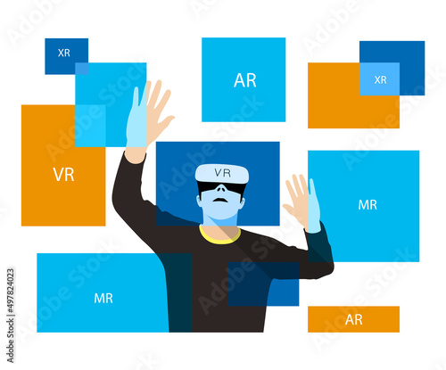 Man wearing VR glasses, hands up, touching the screen, doing data analysis