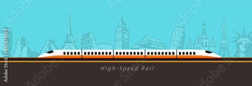 High speed bullet train coming out, modern flat design, background is landmarks of the world
