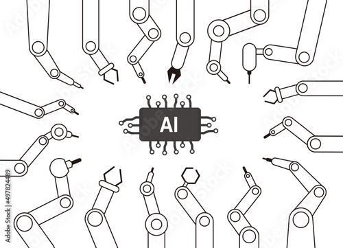 Robot machine arms focus on the Artificial Intelligence, vector illustration