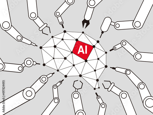 Robot machine arms focus on the brain of the Artificial Intelligence, vector illustration