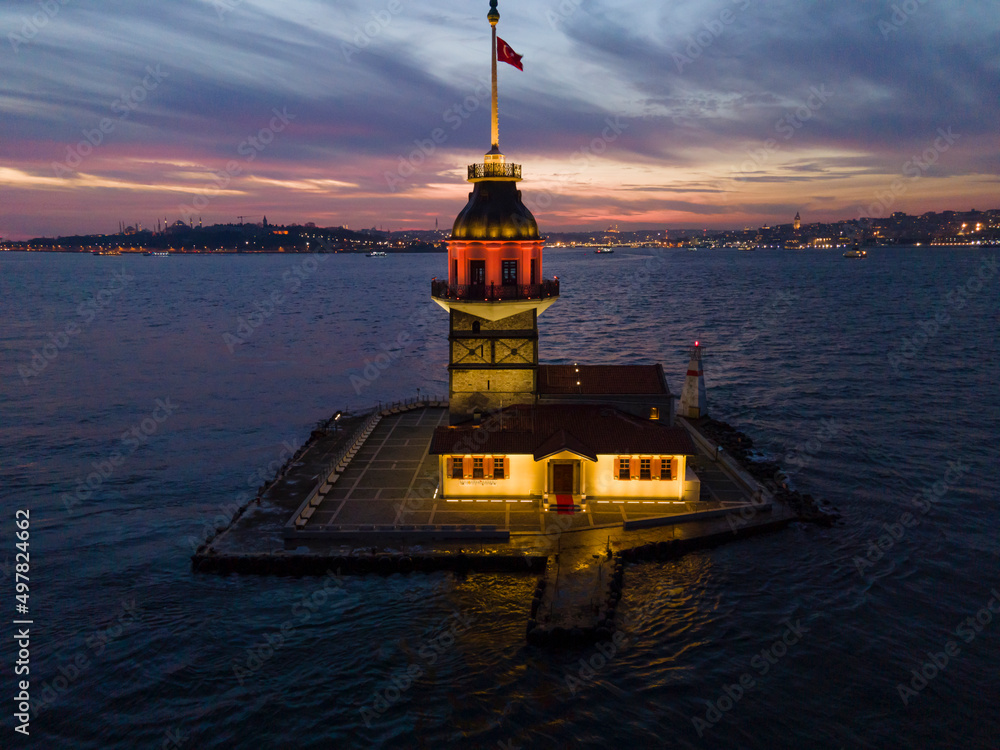 Maidens Tower in the Sunset Drone Photo, Uskudar Istanbul Turkey