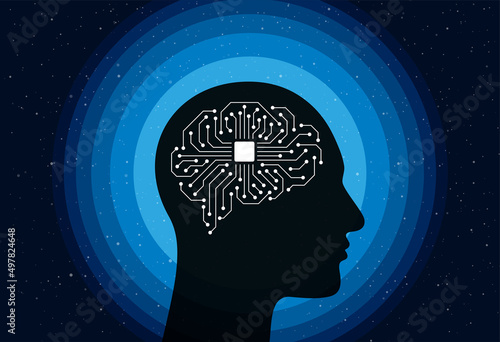 Microchip in the Cyborg head, Artificial intelligence concept. vector illustration