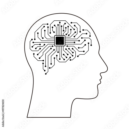 Microchip in the Cyborg head, Artificial intelligence concept. vector illustration
