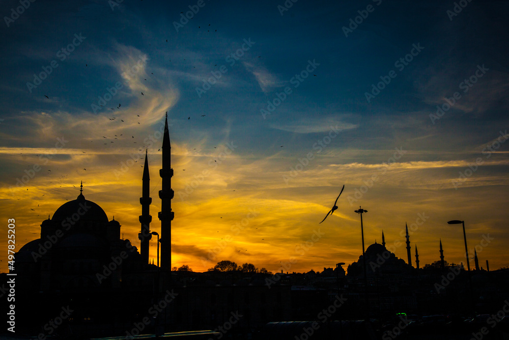 Suleymaniye Mosque in the Sunset Lights, Eminonu Square Fatih Istanbul, Turkey