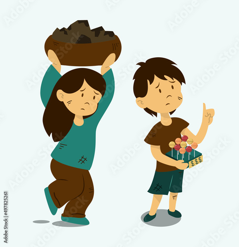 Child labor. Illegal child labor and employment. Boy selling candy. Girl working carrying stones. Slavery. Vector illustration. 