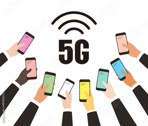 5G 5th generation mobile network wireless concept, many hans holding smart phone