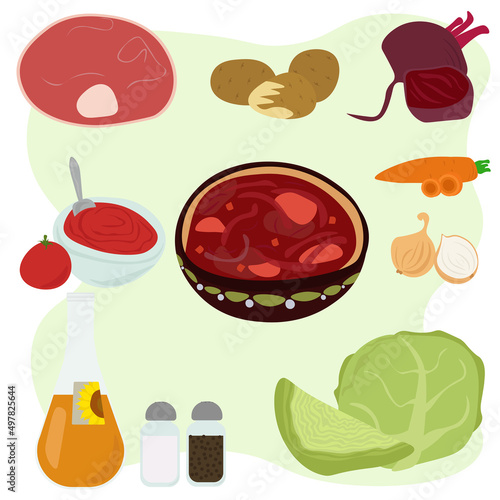 Ukrainian borsch, ingredients and a plate with a ready dish, a dish of national cuisine