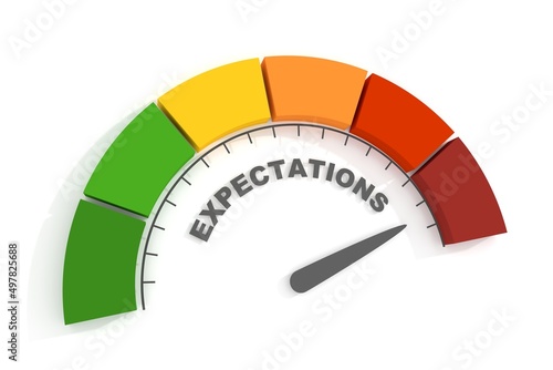 Photos Expectations measuring device with arrow and scale. 3D Render