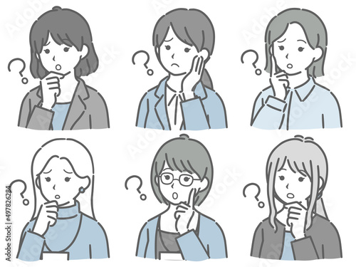 疑問に思う若い女性の斜め向き上半身セット（仕事向きの服装）