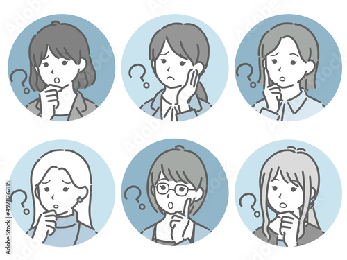 疑問に思う若い女性の斜め向き丸アイコンセット（仕事向きの服装）