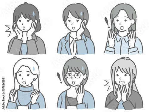 驚く若い女性の斜め向き上半身セット（仕事向きの服装）