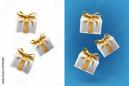 3d realistic vector icon set. Flying white boxes of presents with golden ribbons on a white and blue background.