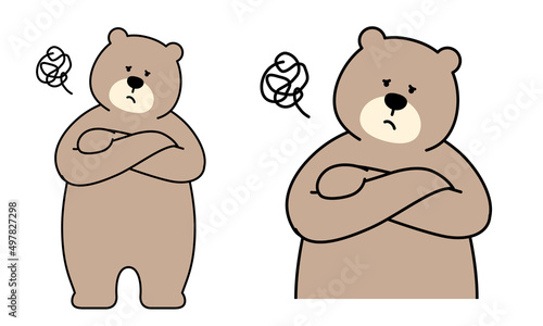 腕組みして悩んでいる熊のキャラクターの全身イラスト素材。