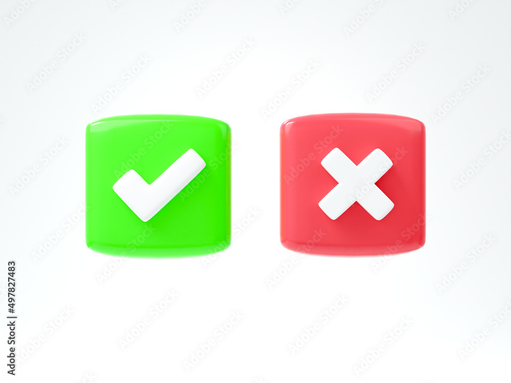 Right and wrong mark icon isolated white background. checkmark red and green button. 3d render illustration. Right and wrong mark icon isolated white background. checkmark red and green button. 3d render illustration.
