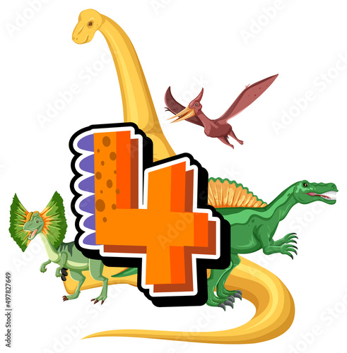 Four dinosaurs with number four cartoon