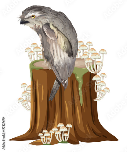 Owl standing on stump in cartoon style