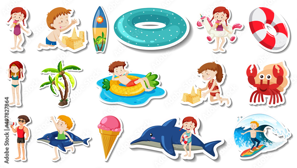 Set of summer beach items and children