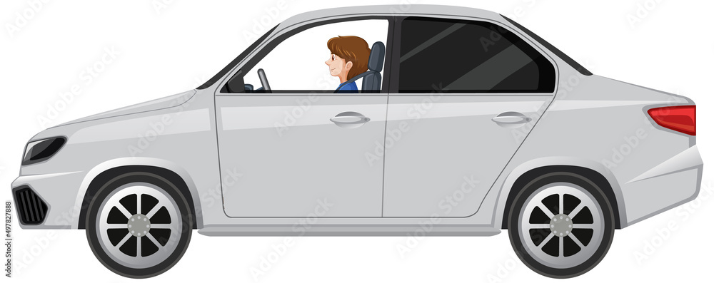 A girl driving a car on white background